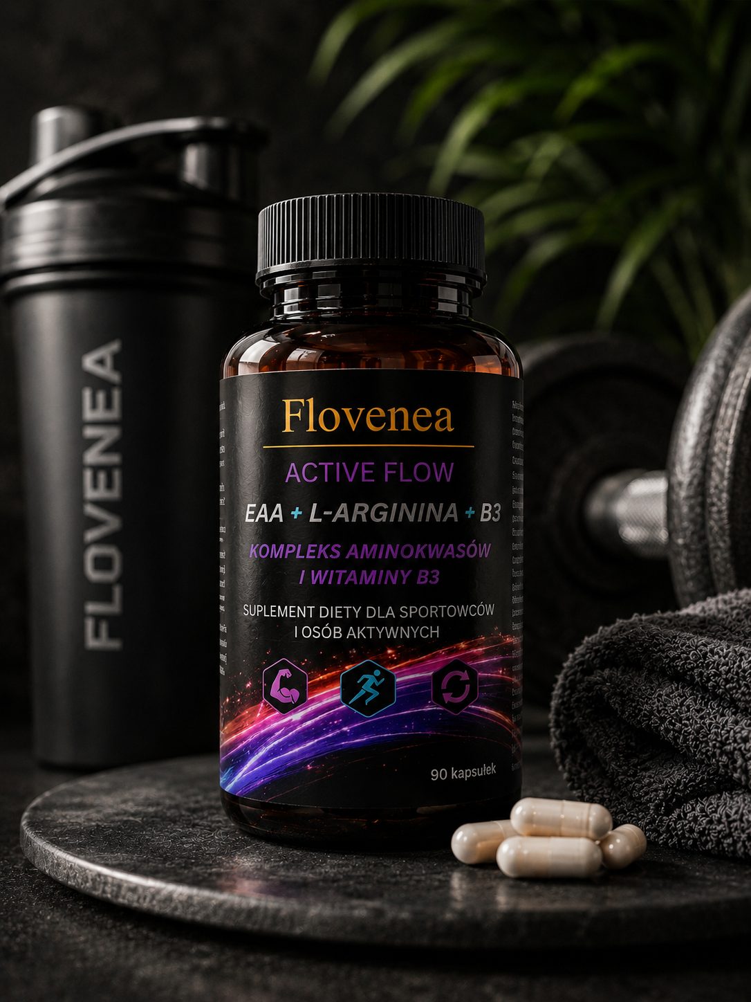 Suplement Flovenea Active Flow na tle sportowej sylwetki